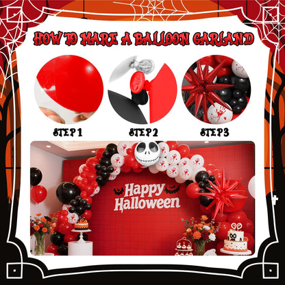 Halloween Balloon Arch Kit Bloody Balloons Garland Black and Red Balloon with Skull Face Explosion Star Foil Balloon for Nightmare Horror Theme Birthday Spooky Vampire Skeleton Cat Party Decorations