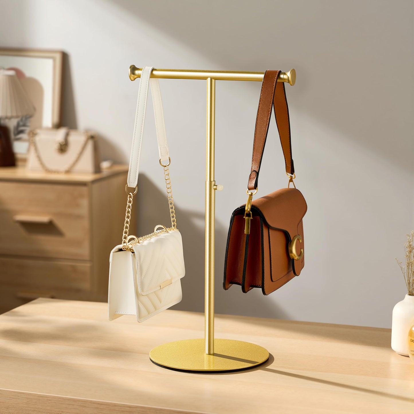 niffgaff 2 Pack 15‘’-24‘’ T Bar Purse Display Stand Tabletop: Adjustable Height Handbag Holder, Countertop Hanging Rack for Long Necklace Scarf Lanyard, Gold