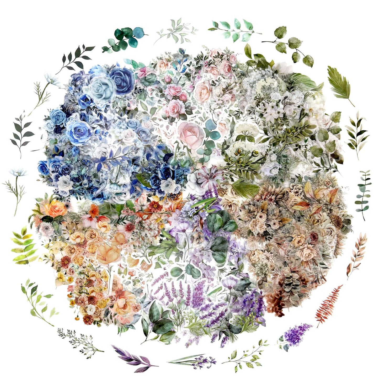 Obujopal 600 Pcs Natural Botanical Flower Stickers, Wildflower Stickers for Scrapbooking Junk Journal Notebook Diary Planner Letter Envelope Water Bottle Phone Case Craft Decoration (Set of 6)