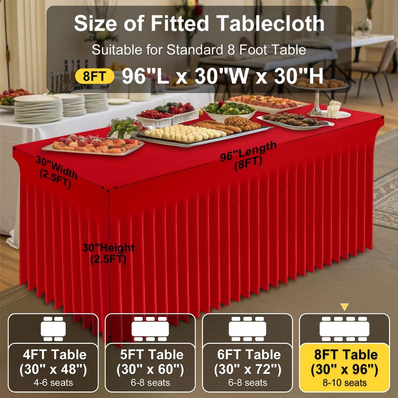 Smiry Spandex Tablecloth 2 Pack, Elastic Fitted Stretch Tablecloth for 8FT Rectangle Tables, Waterproof Washable Table Cover Skirt for Outdoor, Wedding, Banquet & Parties (Red, 96Lx30Wx30H Inch)