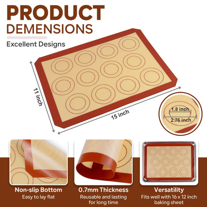 P&P CHEF 15 Inch Silicone Baking Mats, 2 Pcs Reusable Silicone Oven Mat, Non Stick Baking Supplies for Macaroon Pastry Bread Dough Cookie, Fits Well with Sheet Pan, Healthy & Easy Clean