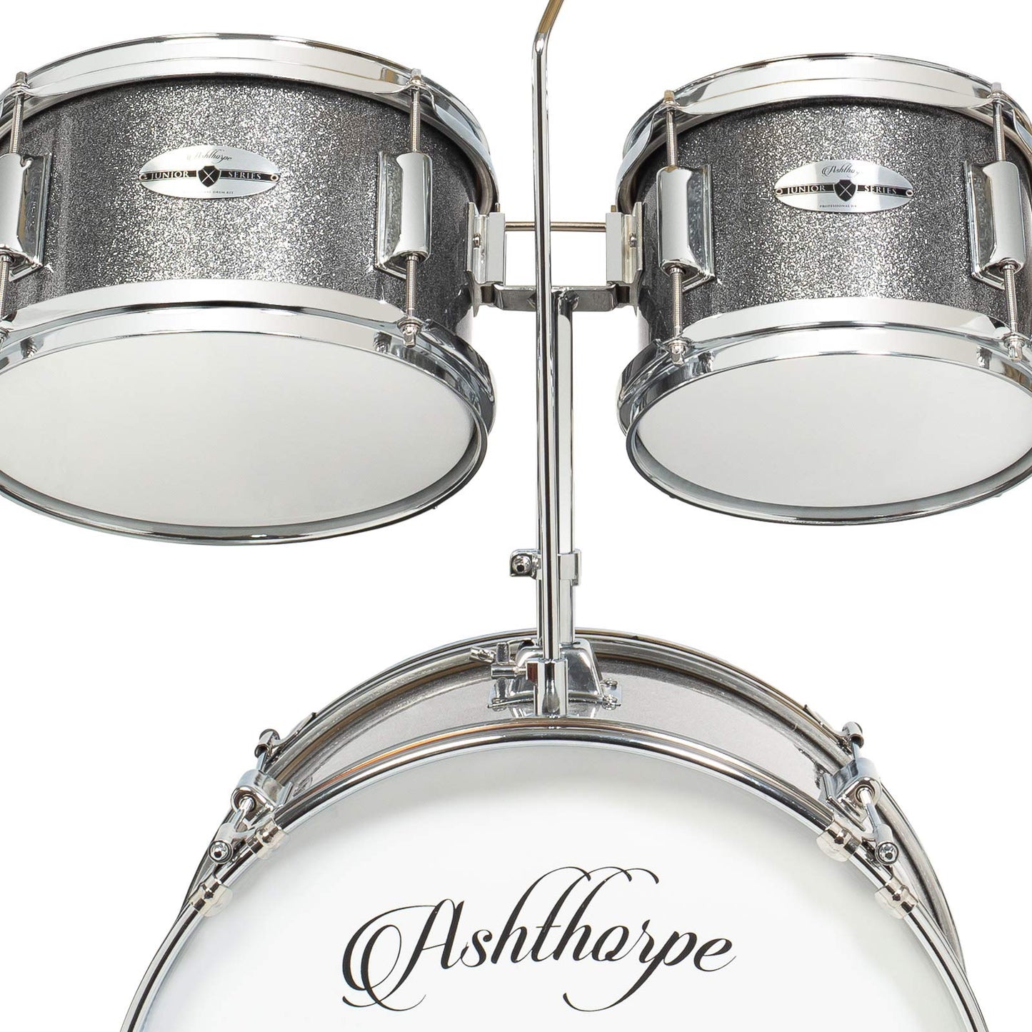Ashthorpe 5-Piece Complete Junior Drum Set with Genuine Brass Cymbals - Advanced Beginner Kit with 16" Bass, Adjustable Throne, Cymbals, Hi-Hats, Pedals & Drumsticks - Silver