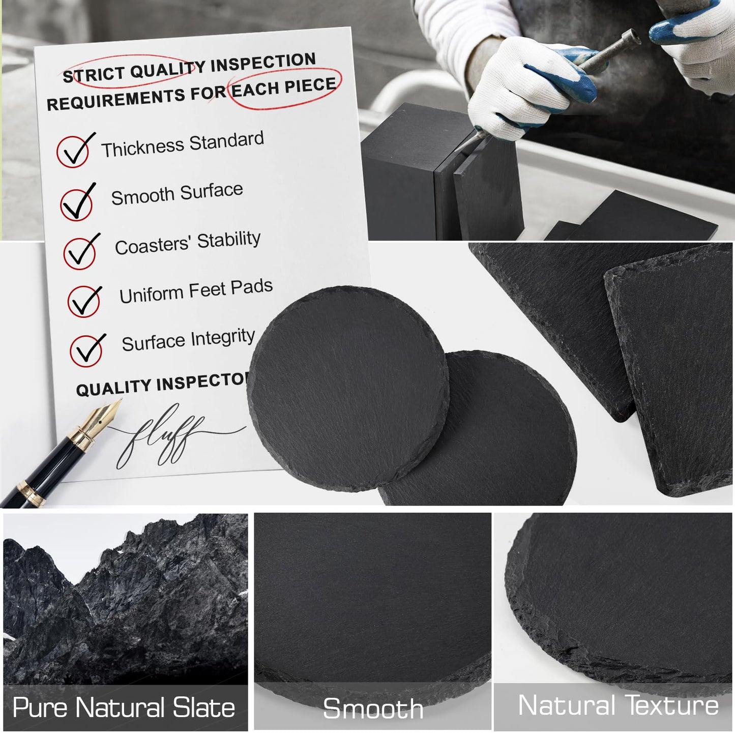 60 PCS Black Slate Stone Coasters Bulk, MAPRIAL 4 Inch 20 PCS Square, 20 PCS Round, 20PCS Hexagon Handmade Drink Coaster for Laser Engraving, Engravable Blanks Material for Engraver, Gifts, Halloween