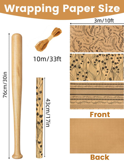 Kraft Floral Wrapping Paper- 3 Mini Rolls, 17 Inch x 9.8 Feet Each- 80gsm Gift Wrapping Paper with 33Ft Wrapping Twine, Grid Lines on Reverse- Perfect for Birthday Mother’s Day Wedding Christian Gifts