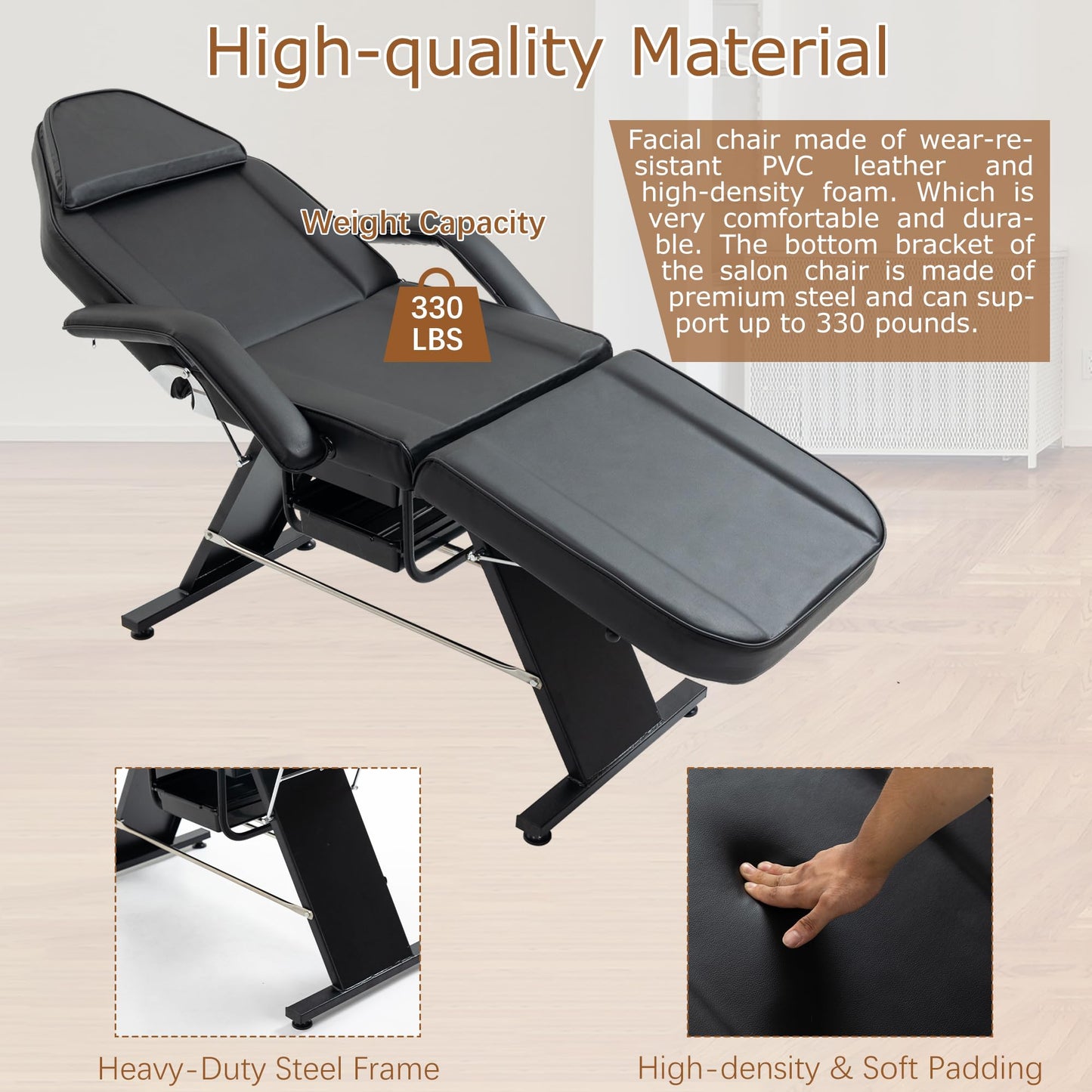 WZONICE98 3-Section Adjustable Facial Bed and Tattoo Chair, Hydraulic Stool with 2 Trays, 330lbs Capacity Massage Salon Spa Chair, Multi-Purpose Esthetician Lash Bed for Waxing Beauty Barber Black