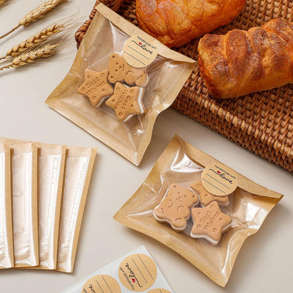 Outus 100 Pcs Cookie Packaging Bags with Seal, 4 x 4 Inch Bakery Pastry Bags with Window, Heat Sealable Grease Resistant Paper to Go Bake Sleeves for Gift Giving Donut Bread Sandwich (Brown)