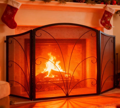 Kingson 3-Panel Arched Fireplace Screen Decorative, Handcrafted Scroll Wrought Iron Fireplace Spark Guard Cover - Black