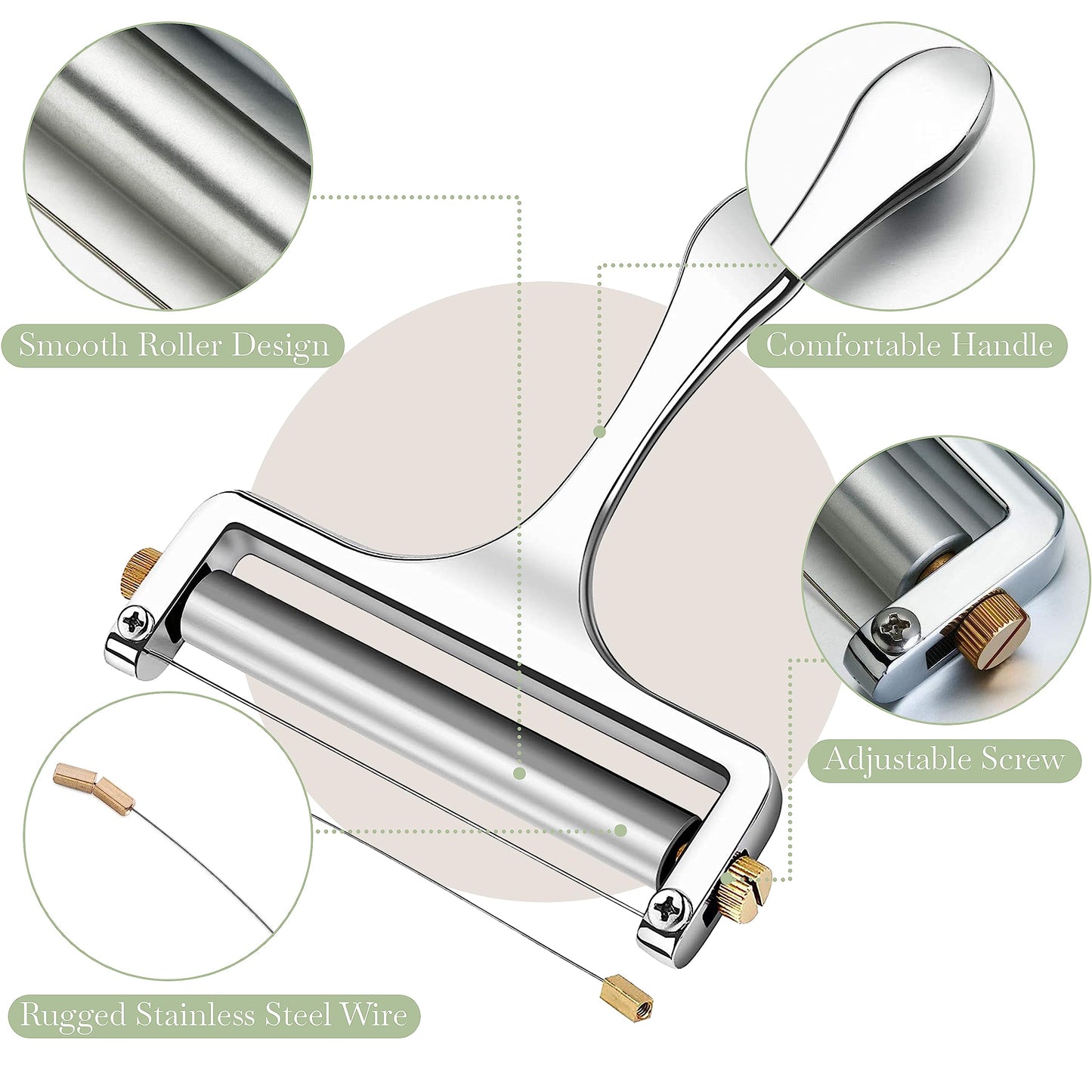 Bellemain Stainless Steel Wire Cheese Slicer - Hand Held Cutter for Cheddar, Gruyere, Raclette, Mozzarella Block, Adjustable Shaver, Thick & Thin Slicer, Curler (Silver)