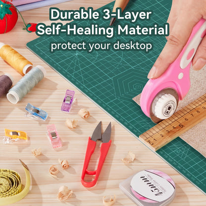 3Pcs Self Healing Cutting Mat, Double-Sided Non-Slip Rotary Cutting Board for Rotary Cutting, Sewing, Quilting, Crafting, A3 A4 A5 Size (18x12, 12x9, 9x6 Inch),Green