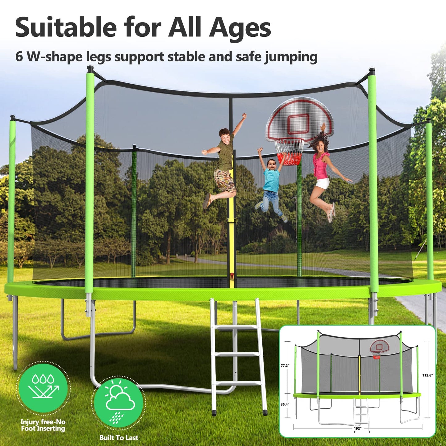 Lyromix 16FT Trampoline, Large Recreational Trampoline for Kids, Outdoor Trampoline with Basketball Hoop and Ladder, Backyard Jumping Trampoline, Capacity for 6-9 Kids and Adults, Grass Green