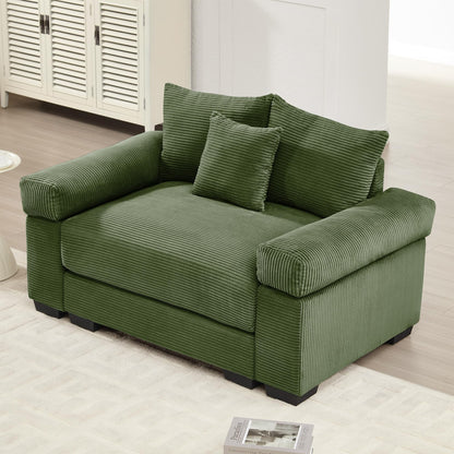 KEIKI 54" Oversized Corduroy Modular Sectional Single Sofa with High-Density Foam Cushions, Extra-Thick Armrests, Upholstered Modern 1-Seater Lounge Accent Chair with 3 Pillow, for Living Room, Green