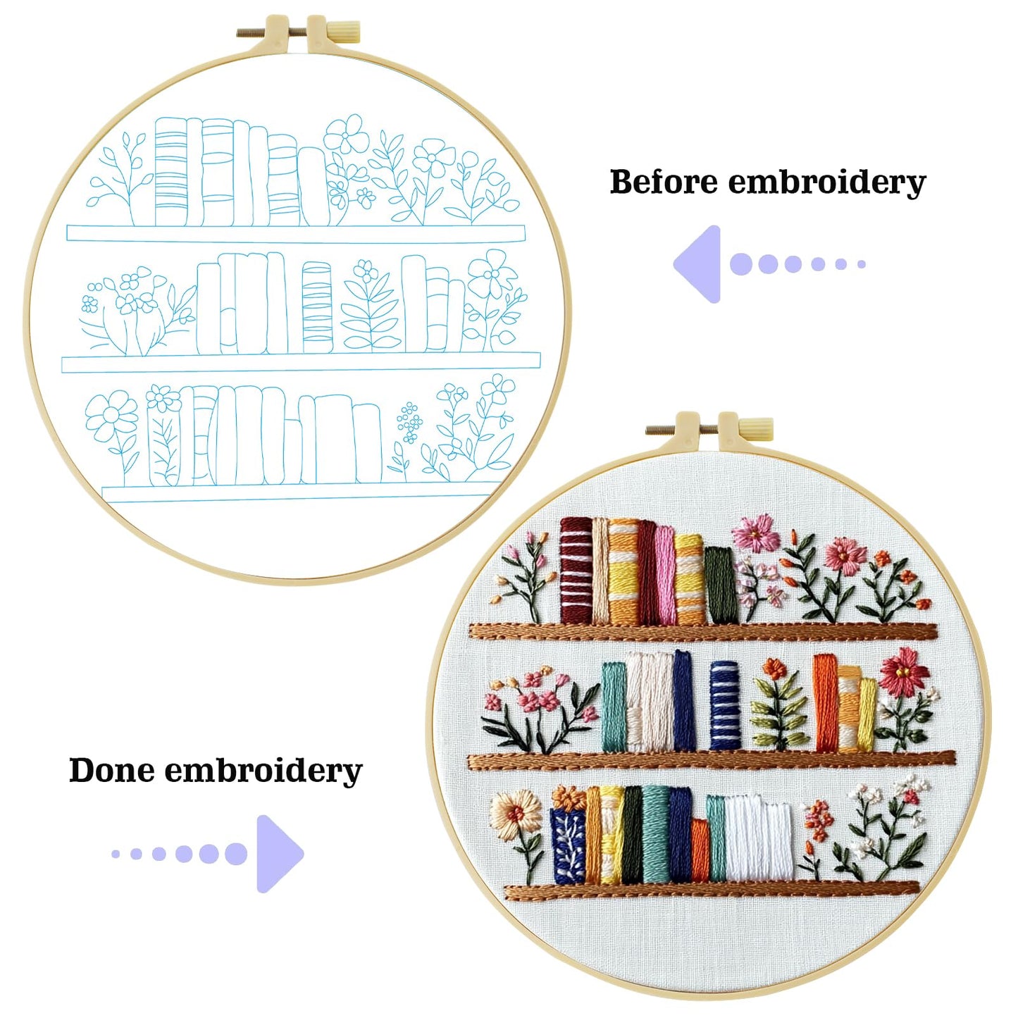 JOZYSH 8'' Flowers Embroidery Kit for Beginners Stamped Books and Flowers Pattern Embroidery Kit Cross Stitch Kit Embroidery Starter Kit with Instructions, Embroidery Hoops for Home Ofiice Decor