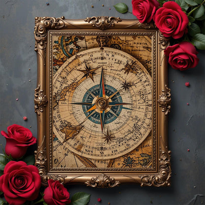 AUKVLZS Compass and Old World Map 5D Diamond Painting Kits for Adults Beginners Diamond Art Kit DIY Round Full Drill Diamond Dots Paintings Gem Art Kits and DIY Crafts for Home Wall Decor 12"x16"