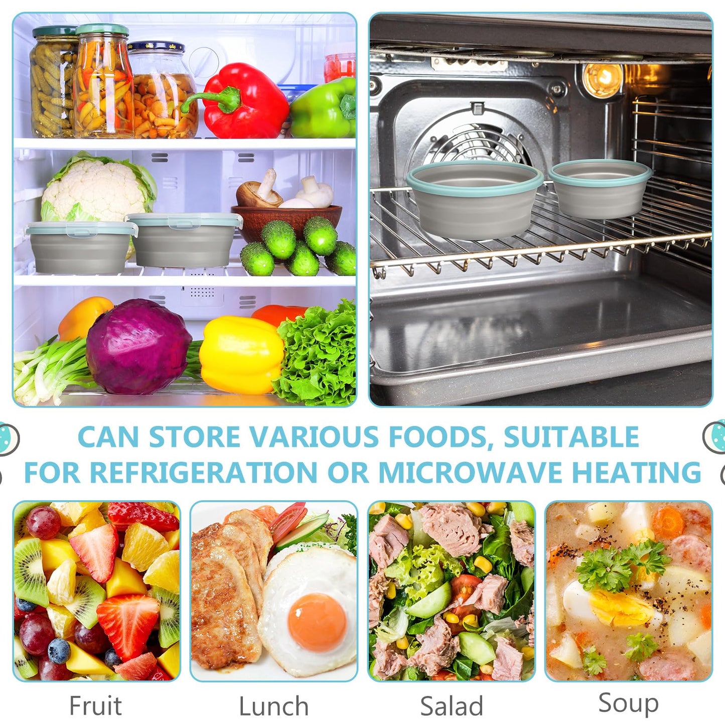 Suclain 4 Pcs Camping Bowl with Lid Collapsible Silicone Lunch Box Salad Bowl Expandable Food Storage Container Folding Travel Container for Hiking Camping(Red, Pink, Blue, Green,12 oz)