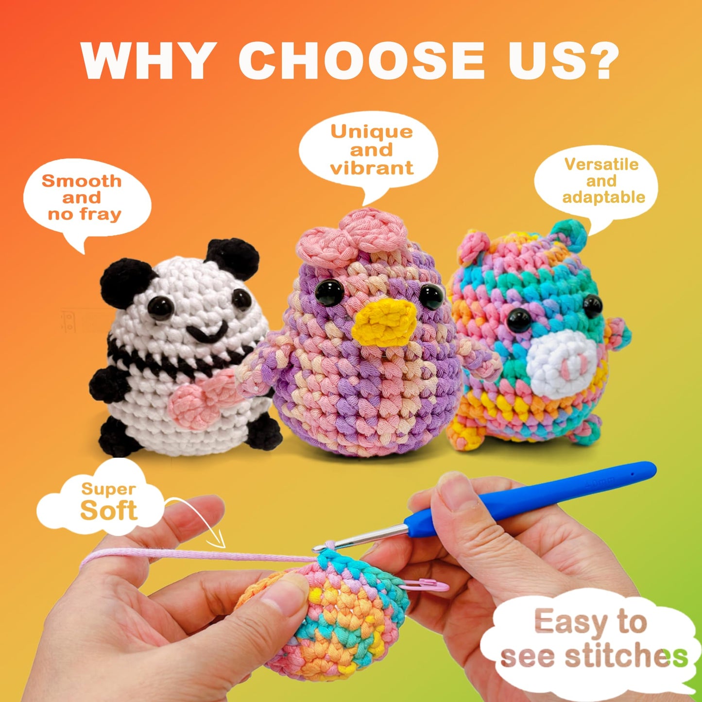 FREEASYFAR 4x50g Beginner Crochet Yarn for Crocheting and Knitting; Beginner Easy Yarn kit with Tool Set (Rainbow+Strawberry+Lawngreen+Aqua, 4 Skein)