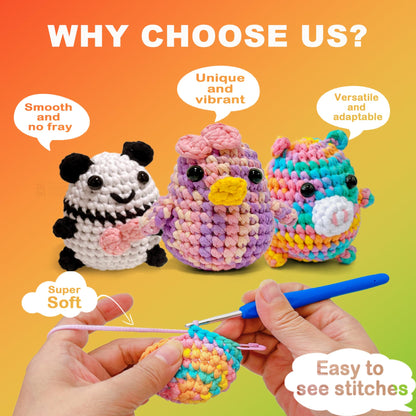 FREEASYFAR 4x50g Beginner Crochet Yarn for Crocheting and Knitting; Beginner Easy Yarn kit with Tool Set (Rainbow+Strawberry+Lawngreen+Aqua, 4 Skein)