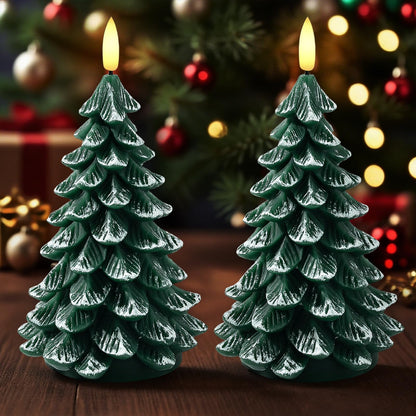 ARIKJ Christmas Decorations Indoor, Christmas Decor - Christmas Tree Candles Battery Operated, Flameless LED Candle Lights with 6H Timer, Xmas Home Decor, Set of 2(Green)