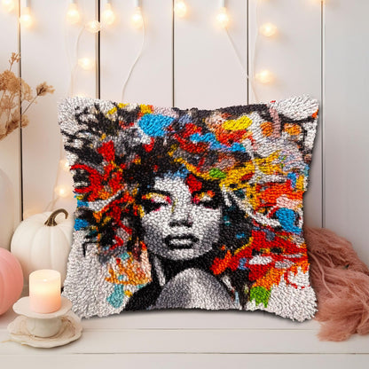 Graffiti Abstract African Woman DIY Latch Hook Pillow Kits for Adults Printed Pillowcase Crochet Yarns Hooking Handmade Pillow Cover Cushion for Home Sofa Decoration 17x17inch(1)