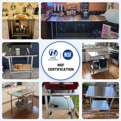 Hally Stainless Steel Table for Prep & Work 24 x 72 Inches, NSF Commercial Heavy Duty Table with Undershelf and Galvanized Legs for Restaurant, Home and Hotel