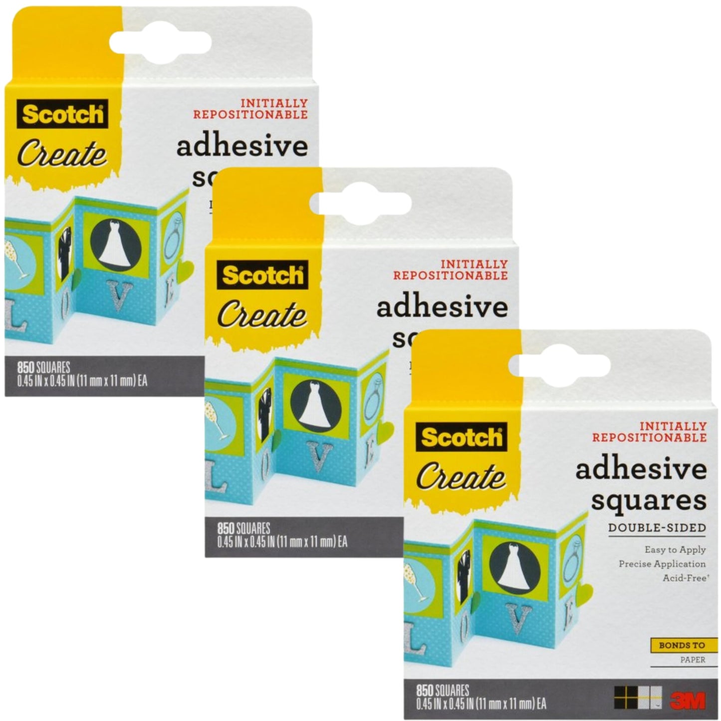 Scotch Adhesive Squares, Double-Sided, 0.45-Inch, Removable - Clear Mounting Tape for Indoor & Outdoor - 3 Pack