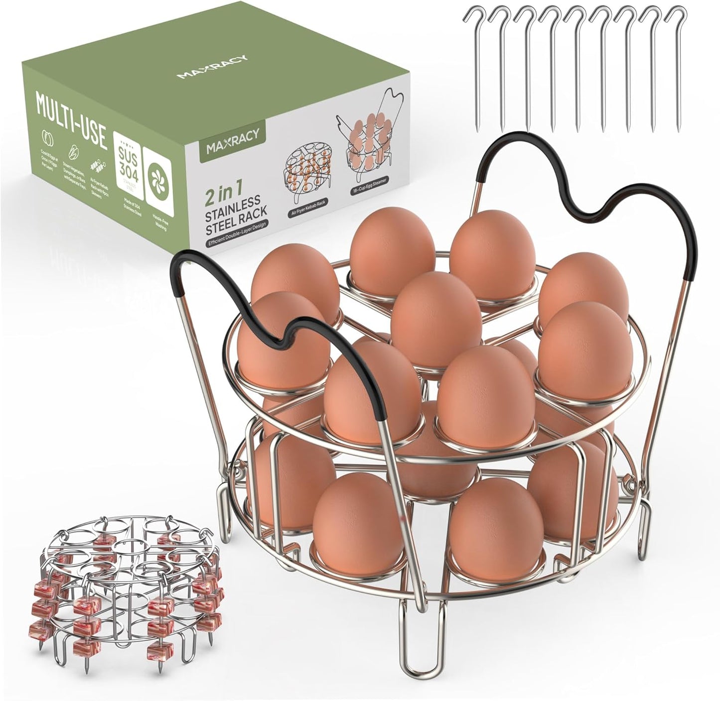 18 6qt/8qt 2-in-1 Stackable Egg Steamer Rack Holds Eggs with Handles, Stainless Steel Instant Pot Trivet Fits Pressure
