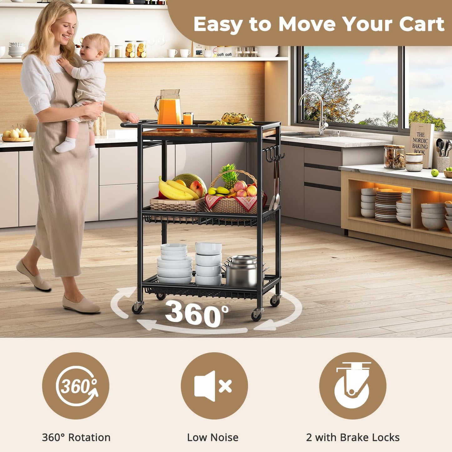Microwave Kitchen Cart with Push Handle, 3 Tier Rolling Cart with 2 Lockable Wheels, Vintage Kitchen Storage Cart with 210Lbs Capacity for Kitchen Island, Restaurant, Coffee Bar, Living Room, Office