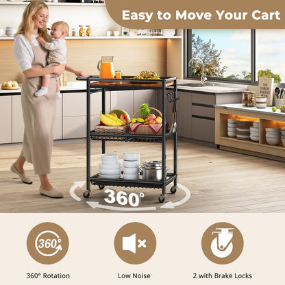 Microwave Kitchen Cart with Push Handle, 3 Tier Rolling Cart with 2 Lockable Wheels, Vintage Kitchen Storage Cart with 210Lbs Capacity for Kitchen Island, Restaurant, Coffee Bar, Living Room, Office