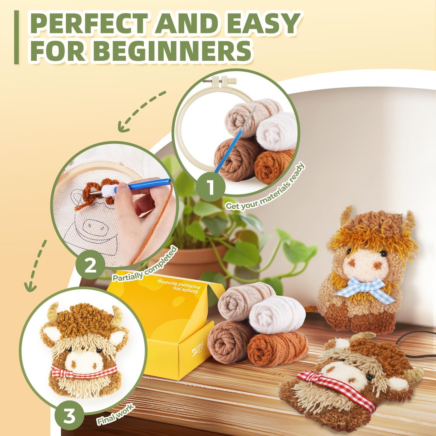 Punch Needle kit-4,Embroidery kit for Beginners,Punch Needle Kits Adults Beginner,Needles, Curved Scissors, a Tool Storage Box, Yarn, Easy-to-Follow Instructions, and Tutorial Videos(4 Highland Cow)