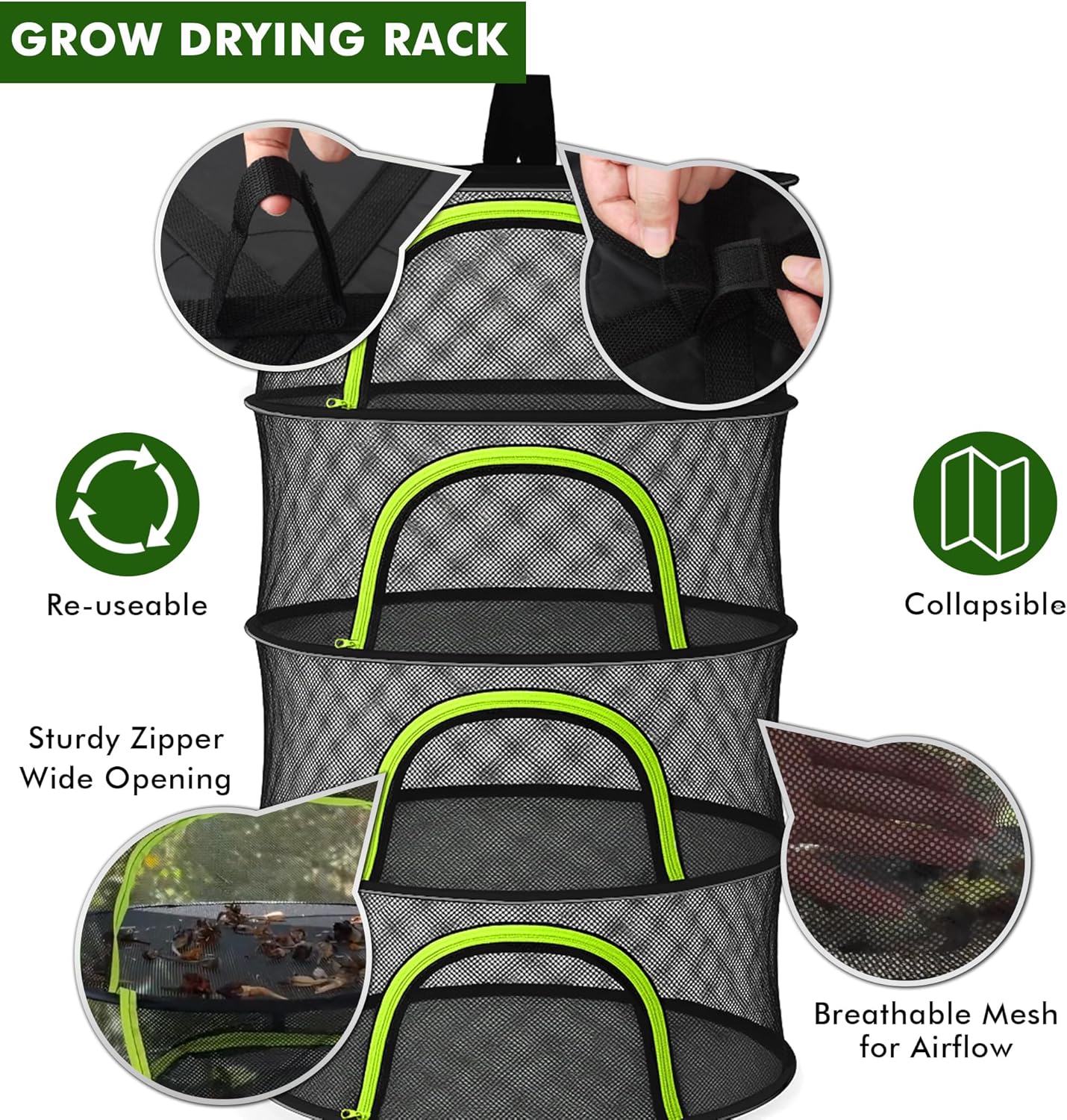BRIVADO 6 24" Herb Drying Rack Hanging Mesh Layer with Zipper, Gloves, Garden Pruning Shear, Hook & Carabiner Clip
