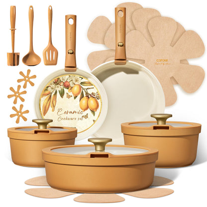Carote 20pcs Ceramic Cookware Set with Detachable Handles, Pots and Pans Set Non Stick, RV Kitchen Cooking Pot and Pan, Dishwasher Safe, Non-toxic Induction Cookware PFAS and PFOA Free,Orange