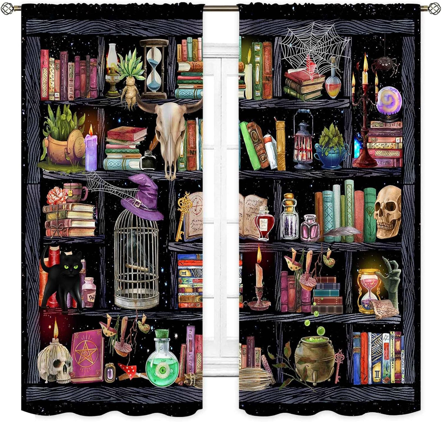 TKUYO 42"x45" Inch Witchy Curtains, Fantasy Magical Vintage Bookshelf Mysterious Bookcase Gothic Skull Spooky Gothe