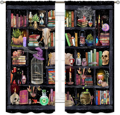 TKUYO 42"x45" Inch Witchy Curtains, Fantasy Magical Vintage Bookshelf Mysterious Bookcase Gothic Skull Spooky Gothe