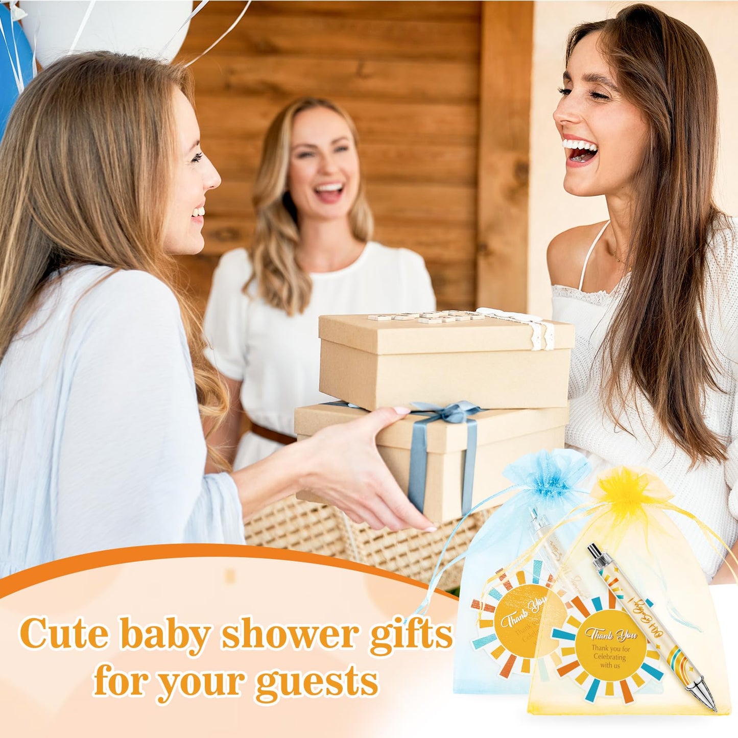 JarThenaAMCS 72Pcs Sun Baby Shower Favor Gifts for Guests Boho Sun Retractable Ballpoint Pens Organza Bags Greeting Cards for Birthday Gender Reveal Souvenirs Prizes
