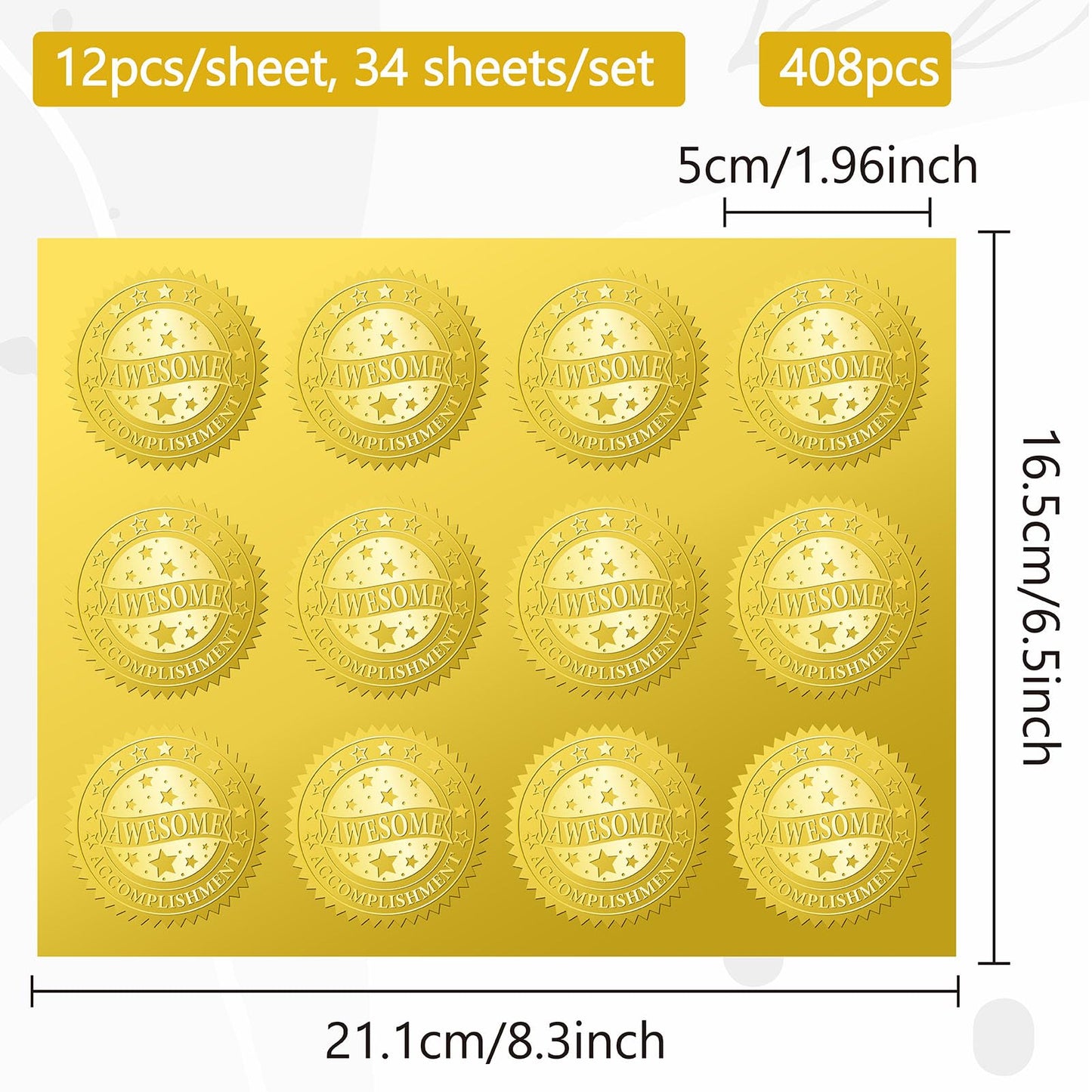 CRASPIRE 408Pcs Awesome Accomplishment Gold Foil Embossed Stickers 2" Planet Self Adhesive Envelopes Seals Round Labels for Wedding Invitation Corporation Graduation Certificates Diplomas Gift Award