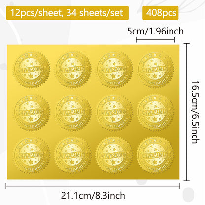 CRASPIRE 408Pcs Awesome Accomplishment Gold Foil Embossed Stickers 2" Planet Self Adhesive Envelopes Seals Round Labels for Wedding Invitation Corporation Graduation Certificates Diplomas Gift Award