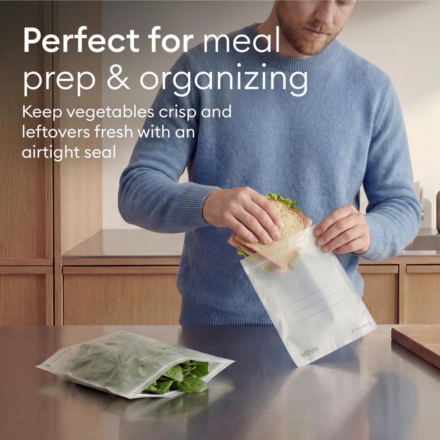 Vove Compostable Snack Bags 50 Ct – PFAS-Free, BPI Certified, Freezer Safe with Airtight Seal for Snacks & School Lunches, Plant-Based