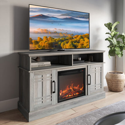 BELLEZE 48" TV Stand with 18" Electric Fireplace Heater, Modern TV Stand for TVs up to 50", Entertainment Media Stand with Open Shelves and Storage Cabinets for Living Room, Bedroom (Grey Wash)