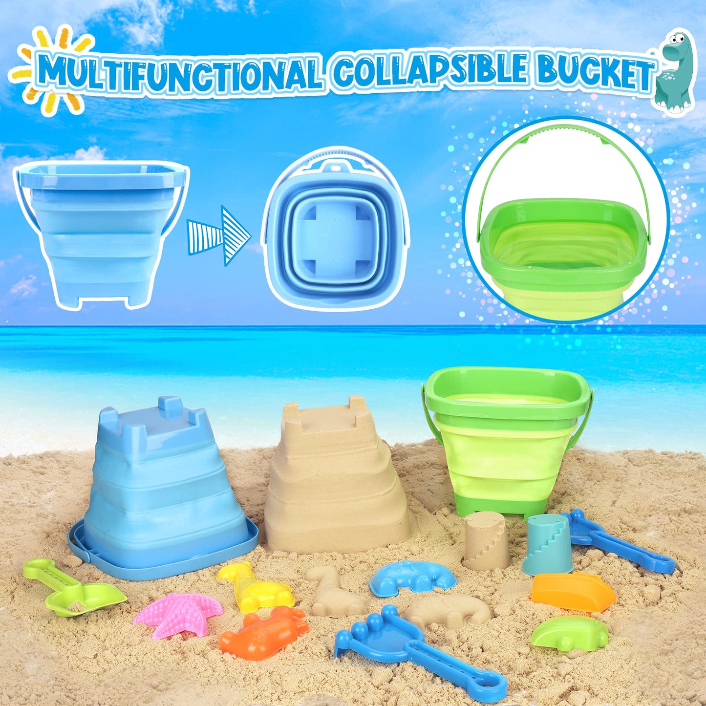 FHOZGECY Beach Toys, Sand Toys for Kids Boys and Girls with 2 Construction Vehicle, 2 Collapsible Bucket, Sand Castle Building Kit, Sand Molds, Mesh Bag, Outdoor Toys for Kids Ages 4-8