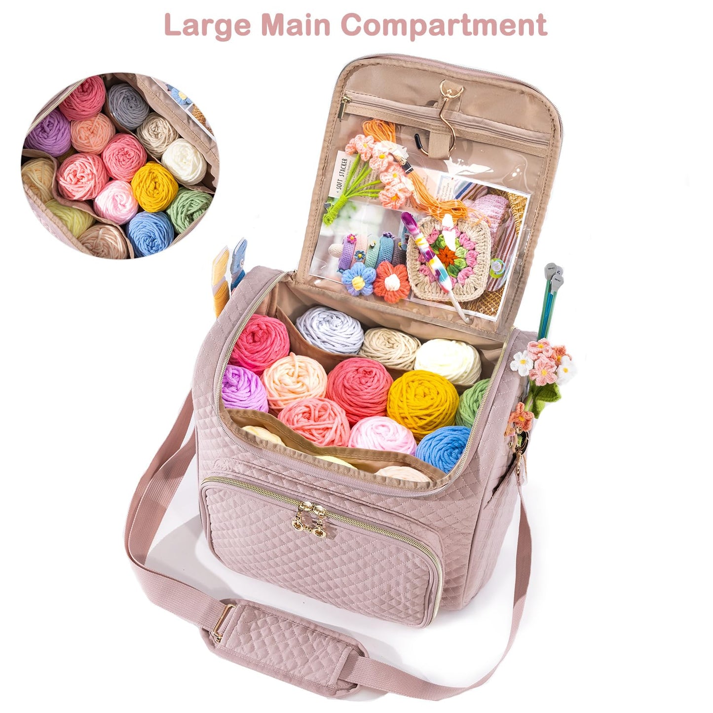 MYBAGZING Crochet Bag Organizer - Quilted Storage Bag with Hanging Hook, Ideal for Knitting & Crochet Accessories