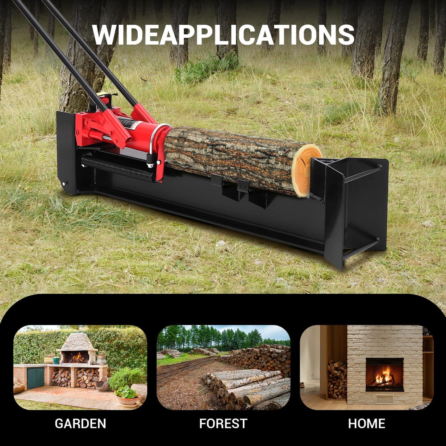 FinerFurnis 12 Ton Manual Hydraulic Log Splitter - Heavy Duty Steel Firewood Cutter - Horizontal Full Steel Beam, Spring-Loaded Return, Built-in Wheels, Portable Wood Splitter for Firewood - Firewood