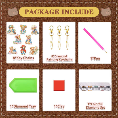 YUE ZHE 8 PCS Diamond Painting Keychains Double Sided Bear Diamond Art Kits for Adults DIY 5D Painting Keychains Ornaments for Adults Beginners DIY Crafts Decor
