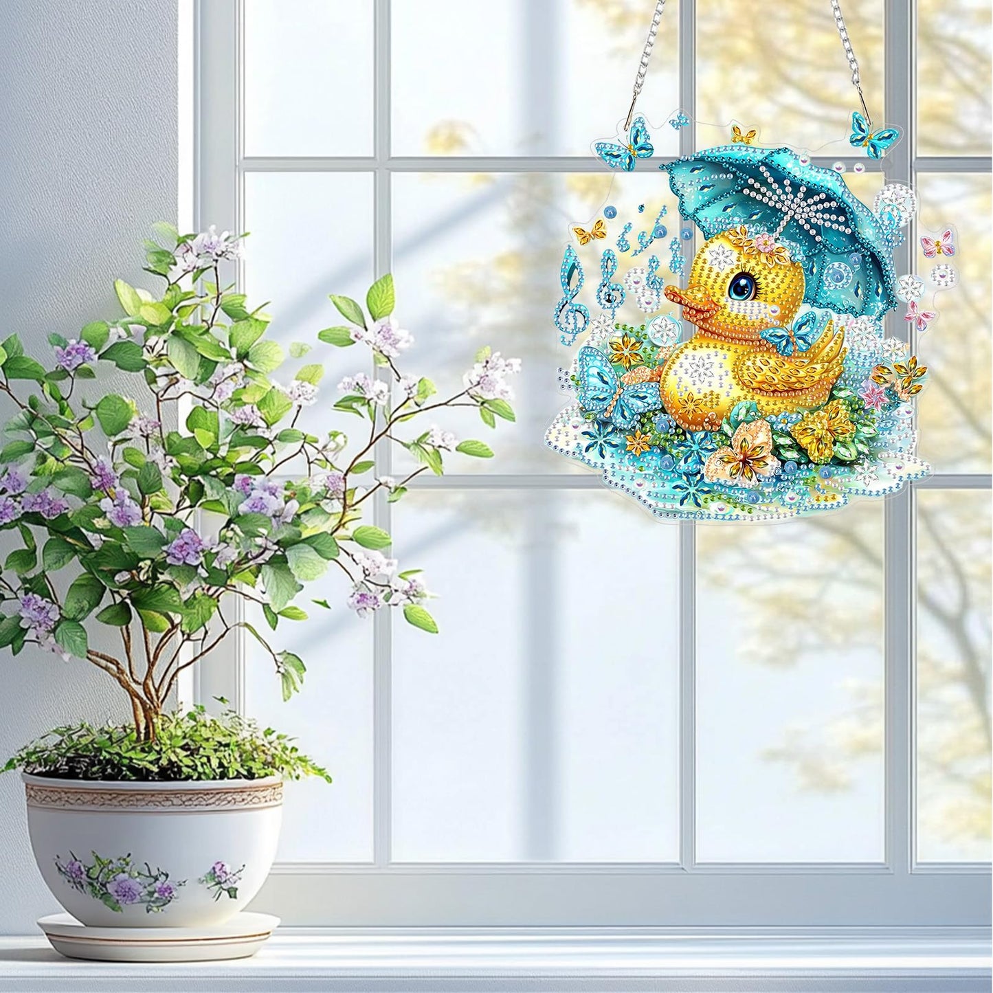 QENSPE Diamond Painting Art Hanging Kits for Adults, 5D Yellow Duck Diamond Paingting Ornaments with Chain, DIY Butterfly Crystal Window Pendants for Home Wall Decor Double Sided Gift 8X8 inch
