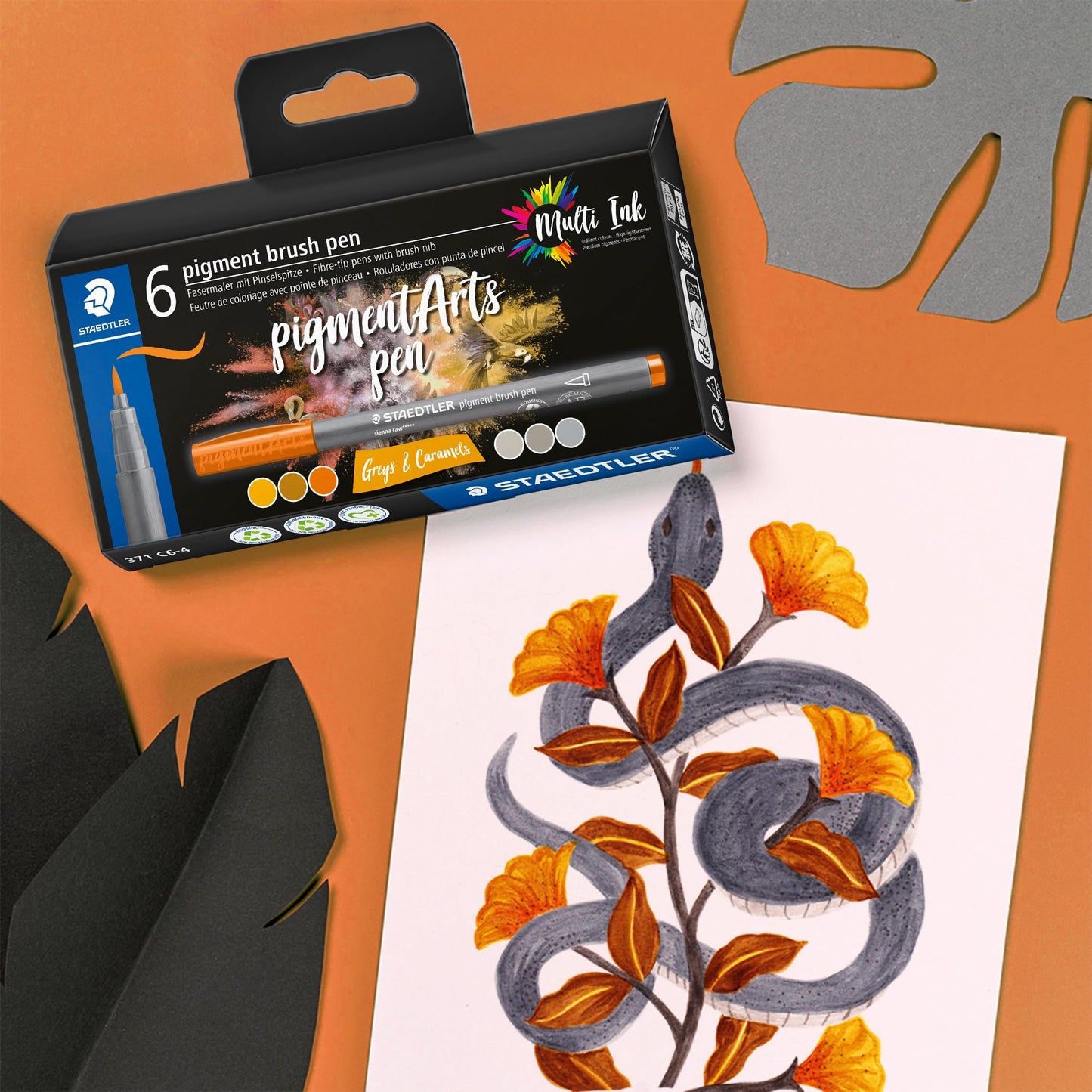 STAEDTLER Pigment Arts Brush Pen, Brush Greys & Caramels, Pack of 6 Pens, 371 C6-4