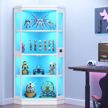 Jocoevol Corner Display Cabinet with 4 Glass Doors, 4-Tier Display Cases with RGB Lights for Collectibles, 67'' Tall Corner Curio Cabinet with Human Body Sensor for Living/Game Room (White)
