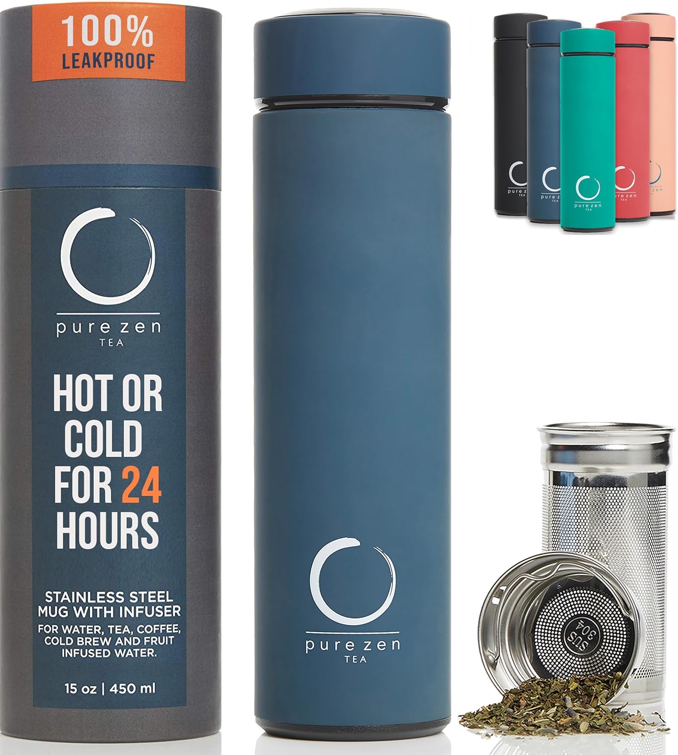 15oz Pure Zen Tea Thermos with Infuser for Hot and Cold Infusions - Stainless Steel - Tea Infuser Bottle - Leakproof