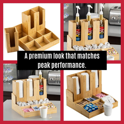 TableCraft 12689 Coffee Condiment Organizer, 9 Compartments with 3 Removable Cup/Lid Holders, Bamboo Wood, Ideal for Cafes, Breakfast Buffets, and Restaurants