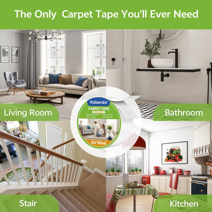 Rabenda Double Sided Carpet Tape - 2 Inch x 30 Yards Removable Rug Tape for Hardwood Floors, Tile & Laminate - No Residue Strong Hold Anti Slip Gripper for Area Rugs, Mats & Carpets