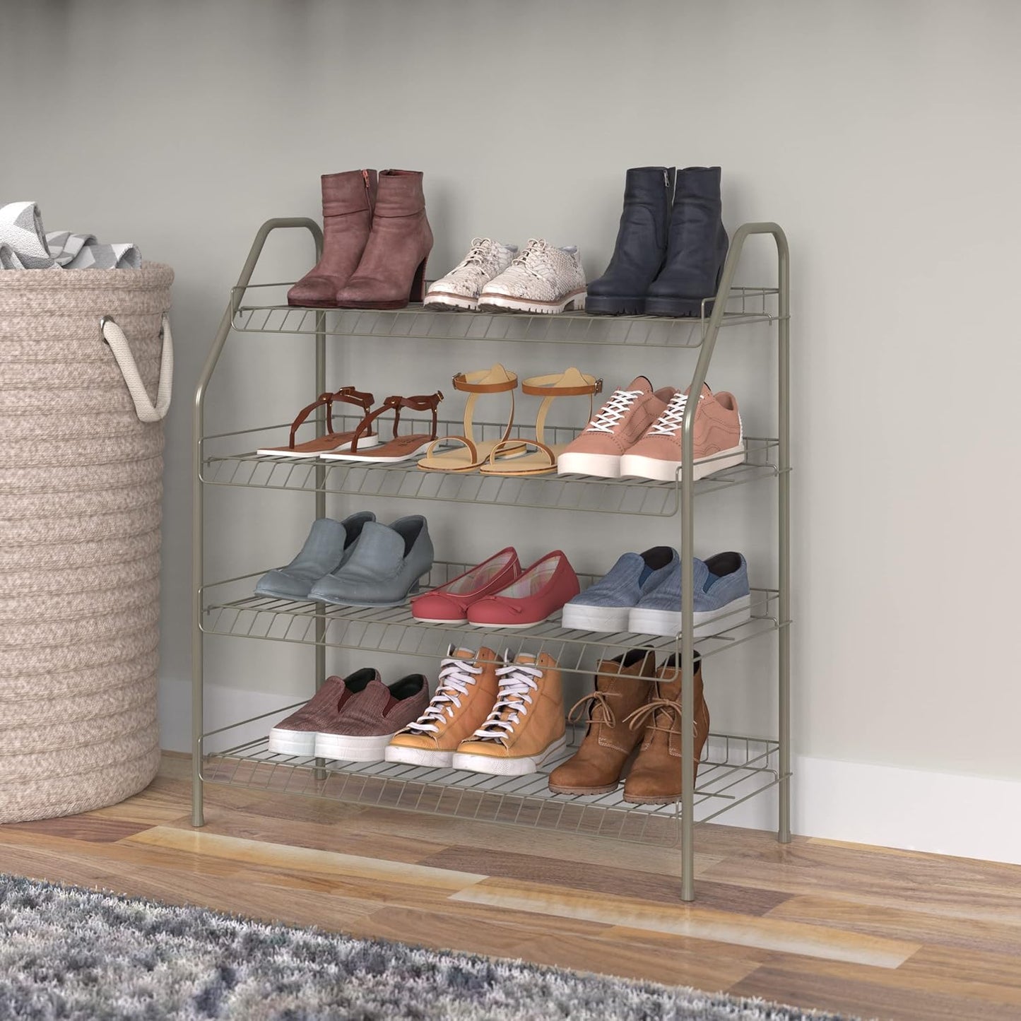 ClosetMaid 4-Tier 12 Closet, Wire Shoe Rack Organizer, Nickel Finish, Easy to Assemble, Holds Pairs, for Bedroom