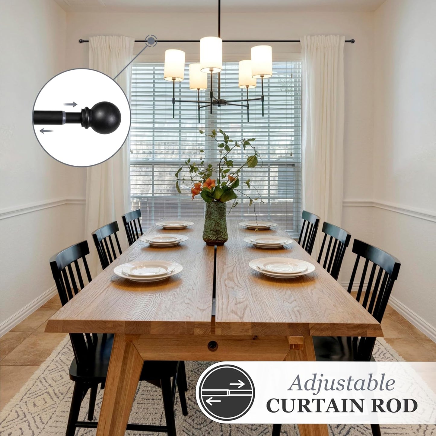 Kenney Chelsea Ball End Window Curtain Rod, Adjustable 28 to 48 Inches, Extendable Set, Black
