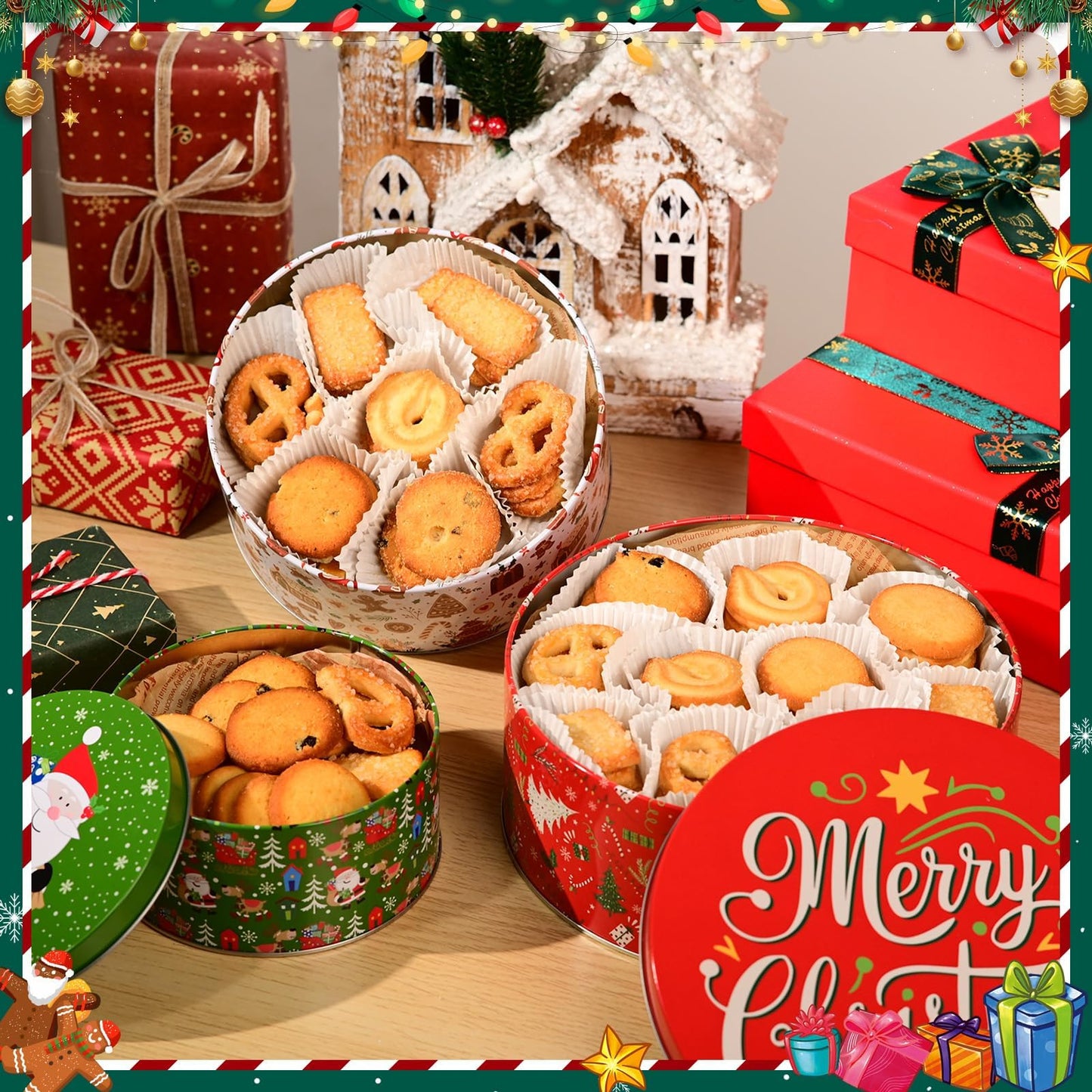 Olgaa Christmas Cookie Tins with Lids Set of 3 Gingerbread Man Cookie Storage Containers Airtight Round Jars for Gift Giving Holiday Treats Baking Cake Container